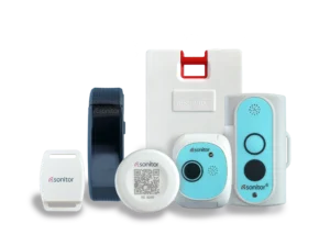 Collection of Sonitor tracking devices, white with blue accents, including a wristband and tags.