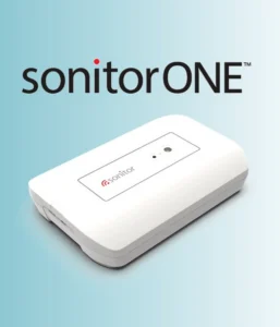 SonitorONE: White rectangular device with Sonitor logo and indicator lights on blue background.