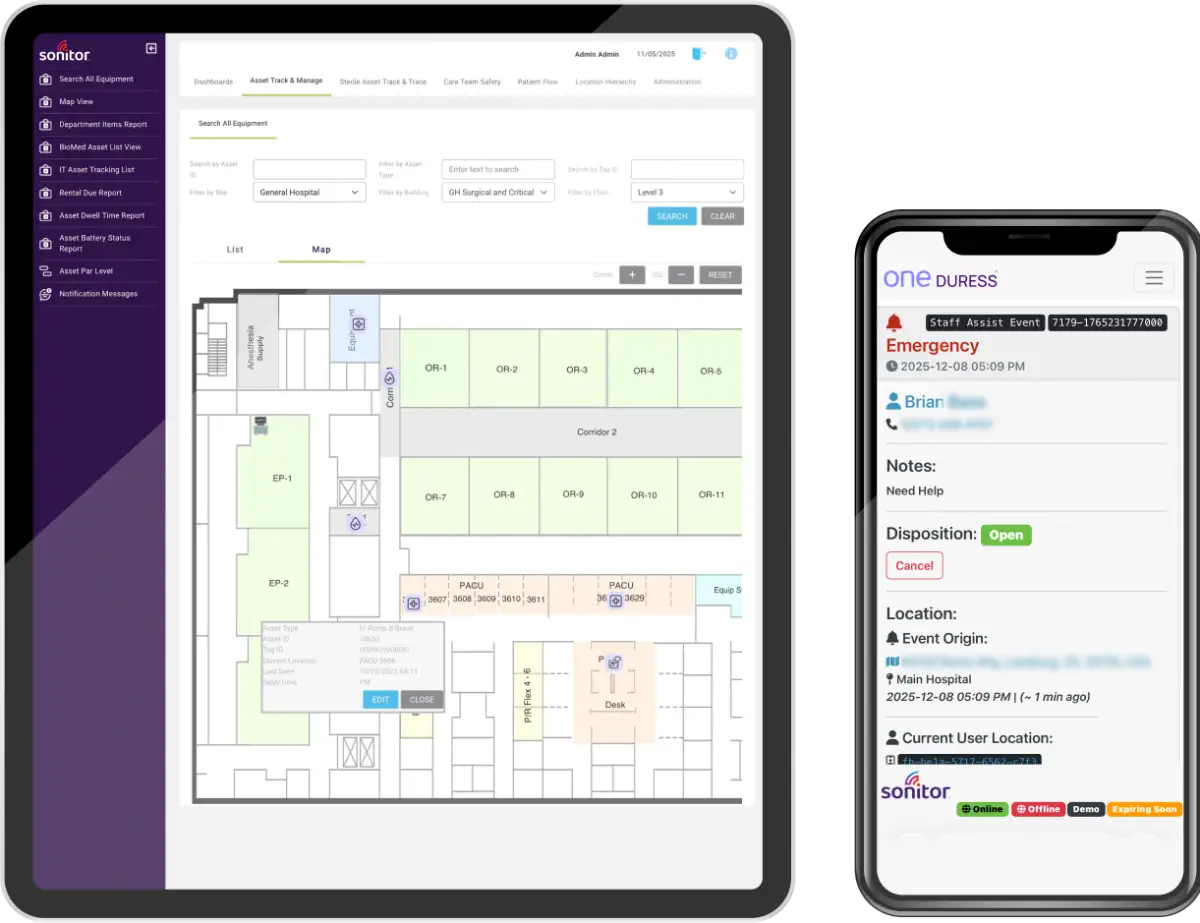Tablet with Sonitor asset tracking map, phone showing One Duress emergency alert.