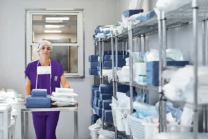 Hospital staff member organizing medical supplies in a storage room, illustrating inventory management and equipment visibility in healthcare.